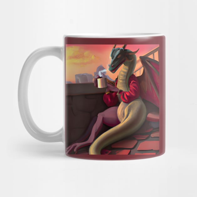 Red Dragon Drinking Coffee by druidwolfart